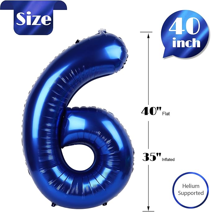 Night Blue 6 Balloon, Number Balloons 40 Inch, 6th Balloons for Birthday Decorations, Night Blue Party Supplies 6 Birthday Balloon, Number 6 Balloon
