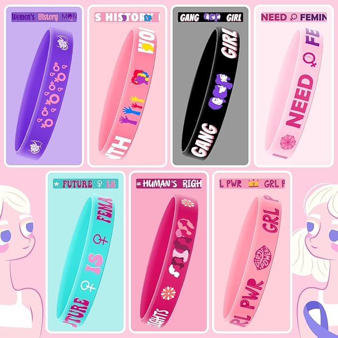 JUNEBRUSHS 42 Pack Women's History Month Silicone Wristbands with Inspirational Messages, 6 Vibrant Designs of Women's History Month Bracelets for Events Gifting