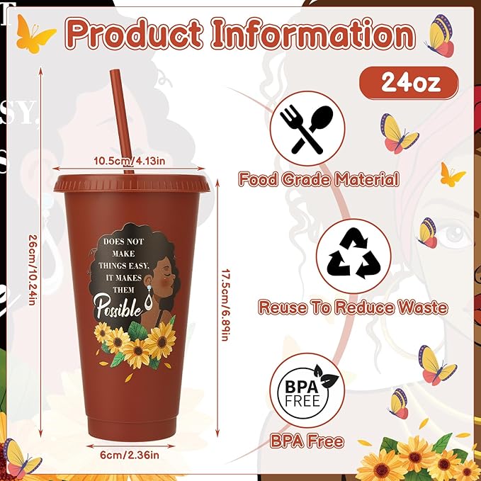 12 Pcs African American Cups with Lids and Straws, 24 oz Black Women Drinking Cups Black Owned Inspirational Gift for Women Lady