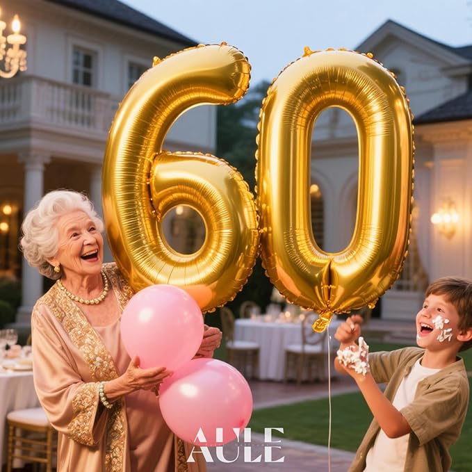 AULE 40 Inch Jumbo Gold Foil Mylar Number Balloons for Men Women 60th Birthday Party Decorations 60 Years Old Anniversary Party Supplies