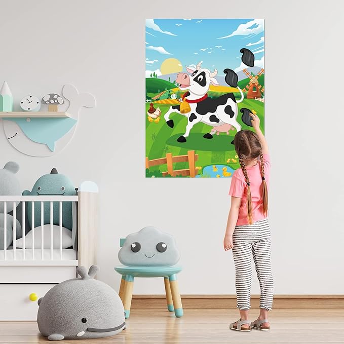 T-Antrix Pin The Tail on The Cow Game -Farm Themed Birthday Games for Kids with 21'' x 28'' Large Poster, Resuable Tails Stickers Farm Party Decorations Kids Birthday Party Favors
