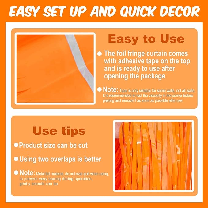 3 Pack Macaron Orange Foil Fringe Curtains Backdrop, 3.28 x 8.2 Ft Metallic Streamers Tinsel Curtains Background for Photo Booth, Birthday, Halloween, Christmas, New Year Party Decorations
