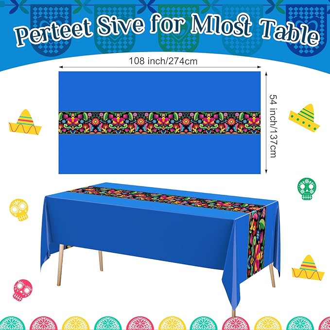 Oudain 6 Pcs Fiesta Tablecloth 108 x 54 Inch Plastic Tablecover Mexican Waterproof Tablecloth Disposable Table Cover for Taco Night Festive Mexican Fiesta Wedding Party Decoration (Multicolor)