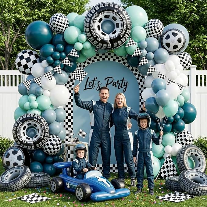 Race Car Balloon Arch Garland Kit 152Pcs Dusty/Peacock/Teal Blue and White Balloons with Wheel Checkered Foil Balloons and Checkered Flag Banner for Two Fast Birthday Party Decorations