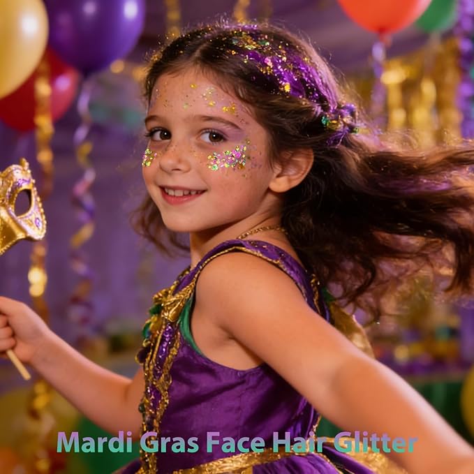 Mysense Mardi Gras Face Hair Body Glitter Stick,Mardi Gras Outfit for Women,Purple Green Gold Glitter Makeup,Festival Party Rave Accessories Sparkling Chunky Glitter