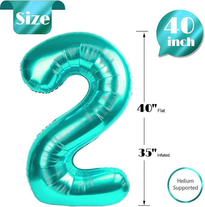 Teal Number 2 Balloon 40 Inch, 2 Balloon Number, 2nd Birthday Decorations for Baby Girls Boys Toddlers