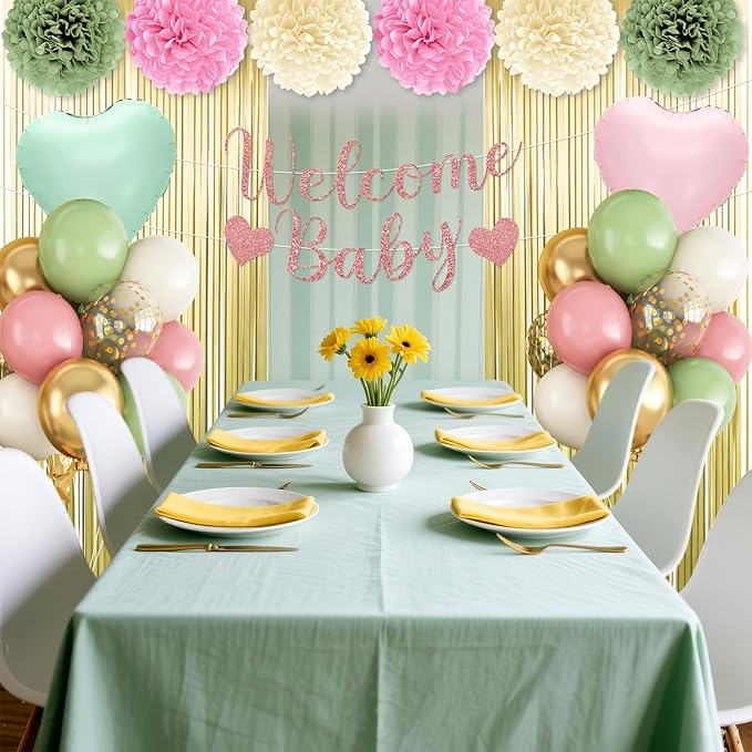 Dusty Pink Green Gold Baby Shower Decorations,Welcome Baby Banner with Sand White Sage Green Balloons Fringe Curtains Paper Pom Poms Flowers Tassels for Boho Baby Shower Gender Reveal Party Supplies