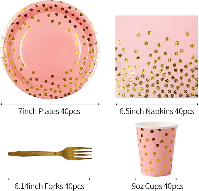 160 Pcs Pink And Gold Paper Plates(7 inches), Birthday Cake Party Plates And Napkins, Wedding Disposable Utensils Serves 40 (Pink)