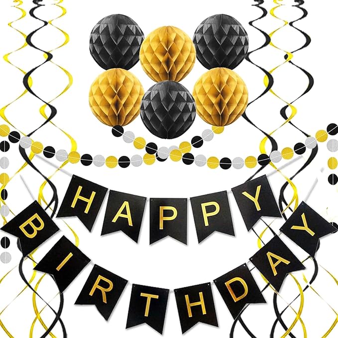 Gold and Black Birthday Decorations,Black and Gold Happy Birthday Banner,Gold Happy Birthday Decorations for Men,Women,Boys and Girls
