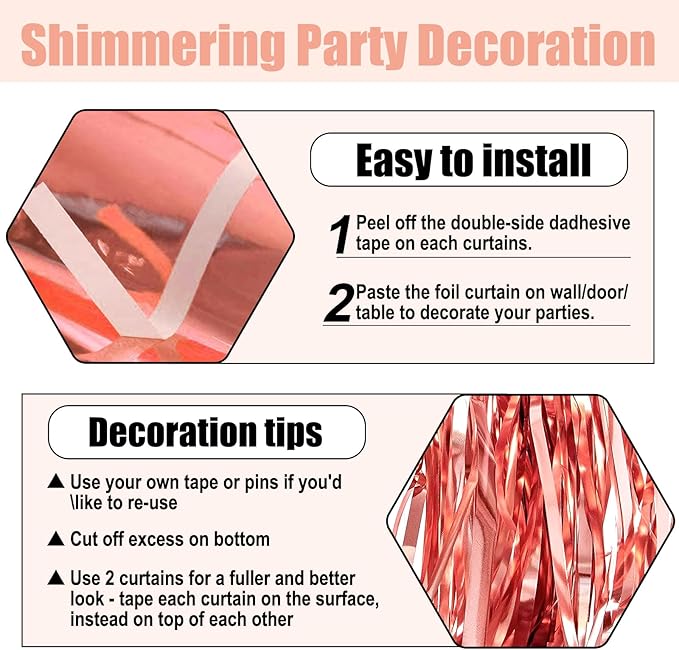 3 Pack Rose Gold Foil Fringe Curtain Backdrop, 3.28Ft x 6.6Ft Metallic Tinsel Foil Fringe Streamer Curtains for Photo Booth, Christmas Day, Thanksgiving, Wedding, New Year Party Decorations