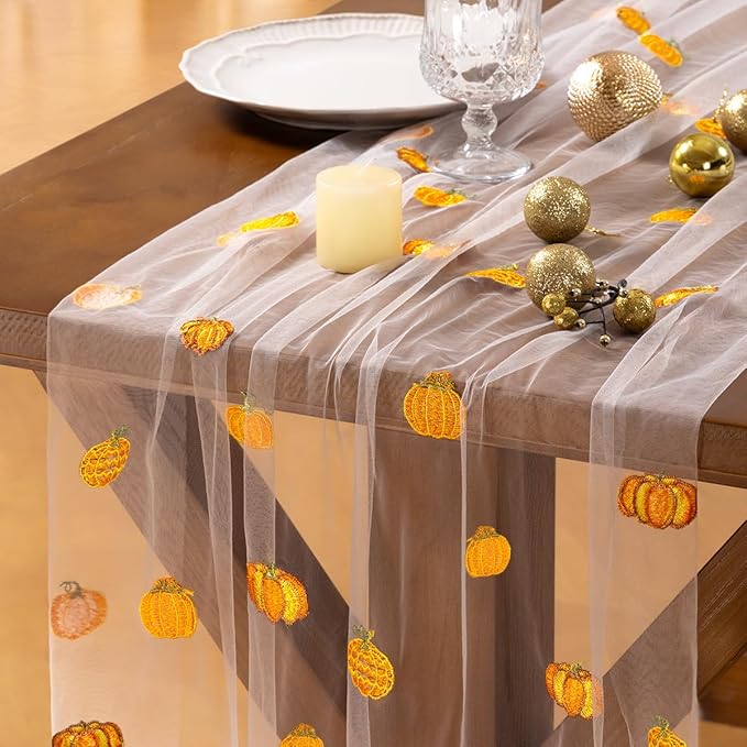 Socomi 3pcs Falll Thanksgiving Table Runner Pumpkin Leaf Tulle Gauze Cheesecloth Embroidery Sheer Table Runners for Wedding Party Baby Shower Birthday Holiday Picnic Home Decor