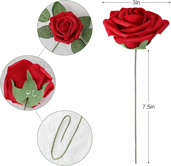 AmyHomie Artificial Flowers Dark Red Rose 50pcs Real Looking Fake Roses w/Stem for DIY Wedding Bouquets Centerpieces Arrangements Party Baby Shower Valentines Day Christmas Tree Decorations
