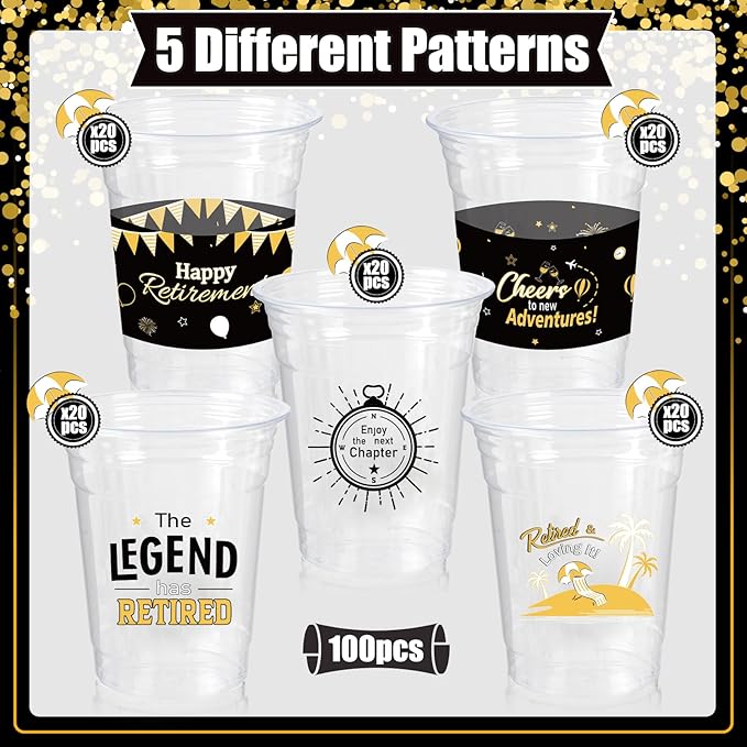 Retirement Party Decoration Cups, 100pcs 16 Oz Plastic Clear Drinking Cups for Retirement Party Supplies Favors Women Men Snack Cup Bulk