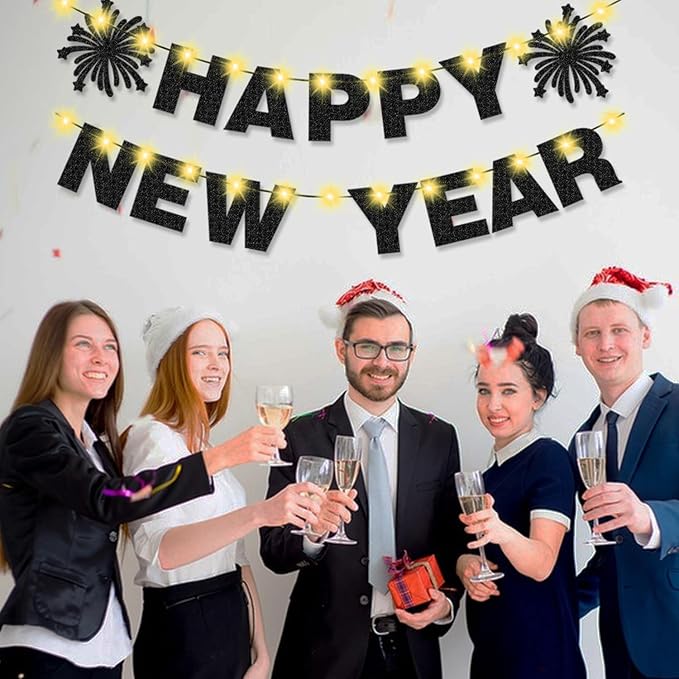 Light Up Happy New Year Banner Black Glitter for New Years Eve Party Decorations Happy NYE Party Home Office Decorations