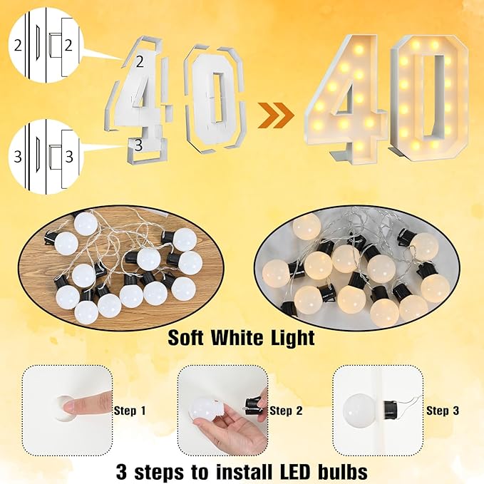 4ft Light Up Numbers Marquee 40 Numbers with Lights White Slots-in Frame for Men Women 40th Birthday Party Decorations Pre-Cut Mosaic Cardboard Large Cut-Out Thick Foam Board Sign Anniversary