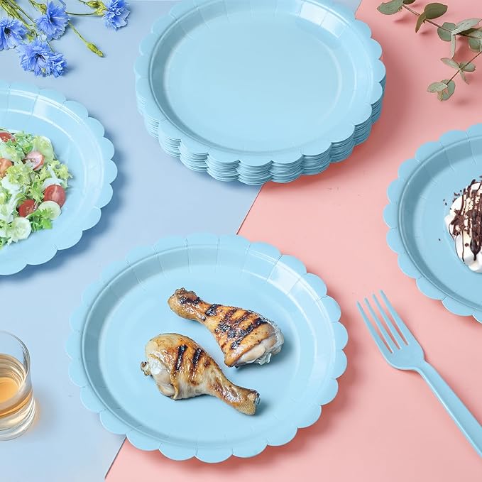 105PCS Paper Plates and Napkins Set,7 Inch Scalloped Disposable Tableware with Forks for Birthdays, Garden Parties & Outdoor Events,Serves 35 (Light Blue)