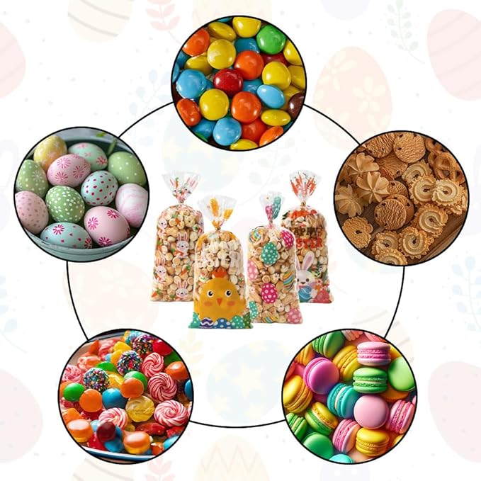 100 PCS Easter Cellophane Bags(5x11 Inch) with Ties for Candy Goodie Treat Snack Goody Cookie Small Gifts Wrap Plastic Ziplock Bag Baggies Pouch Easter Party Favors Supplies Decorations Table Decor