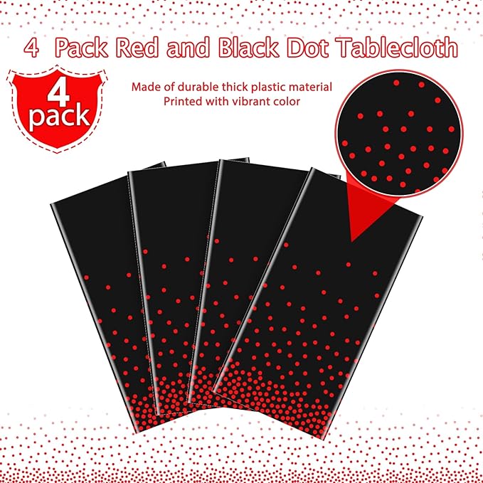 4 Pack Red and Black Dot Plastic Tablecloth, Red Stamping Dot Confetti Rectangle Plastic Disposable Table Cover for Birthday Wedding Baby Shower Engagement Anniversary Party Decorations, 54 x 108 Inch