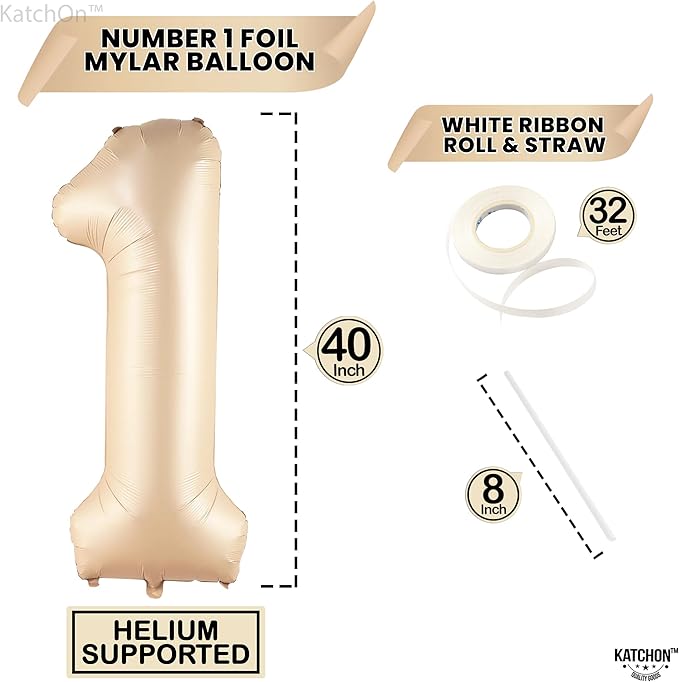 KatchOn, Giant 1 Balloon Number - 40 Inch Beige | Number One Balloon for 1st Birthday Decorations | First Birthday Decor for Boy or Girl | Helium Foil Balloons for 1st Anniversary Decorations