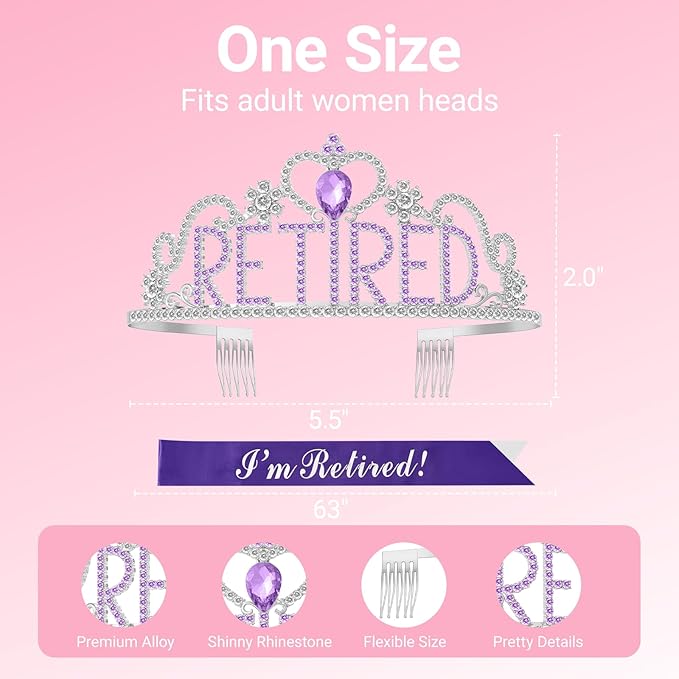 Retirement Party Decorations with Tiara and Sash for Women, Happy Retired Crown and Sash for Gift