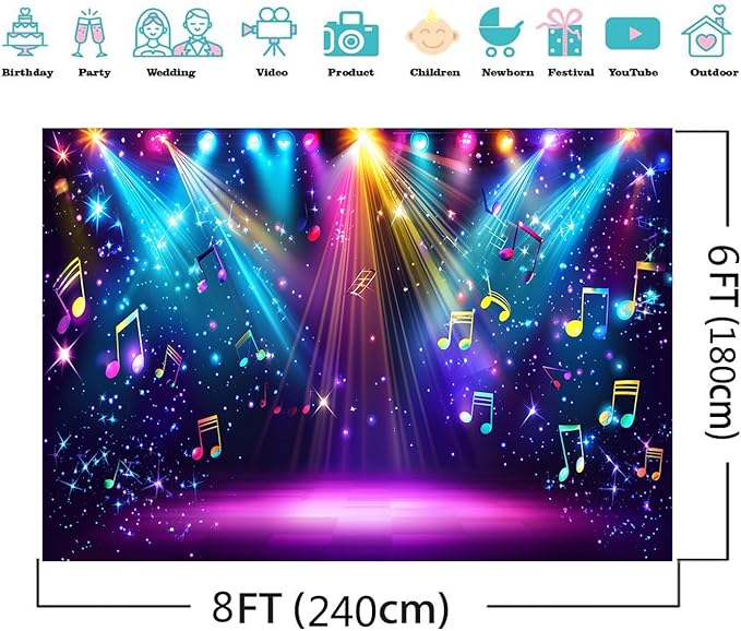 AIIKES 8x6ft Rainbow Stage Photography Backdrop1980s Colorful Disco Backdrop Rock Music Glow Neon Dance Birthday Party Decorations Backdrop XY142