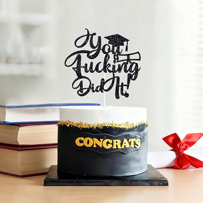 You Did It Cake Topper, Congrats Grad/So Proud of You, Congratulations, Class of 2026 College University Graduation Party Decorations, Black Glitter