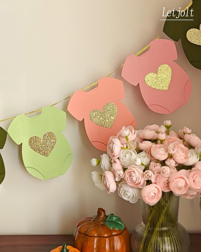 Green Pink Baby Shower Paper Garland Short-Sleeve Bodysuits Clothesline Garland Gender Reveal Birthday Banner Baby Outfit Pre - Strung Paper Decorations 9 pcs