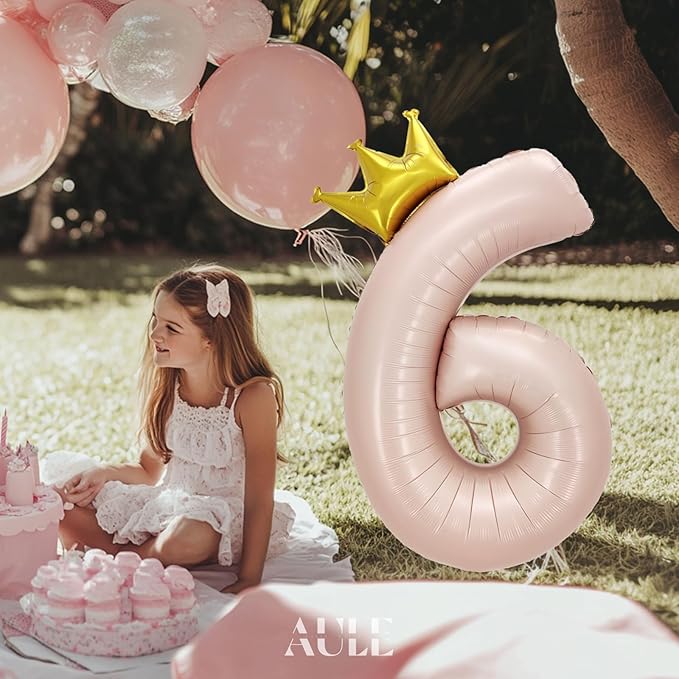 AULE 40 Inch Big Pink 6 Balloon Number with Crown Large Foil Helium Number Balloons 0-9 Jumbo Giant Happy 6th Birthday Party Decorations Huge Mylar Anniversary Party Supplies