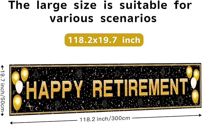 Retirement Party Decorations, Large Black and Gold Happy Retirement Banner, Retirement Party Decorations Men, Retirement Banner for Women (118" X 20")