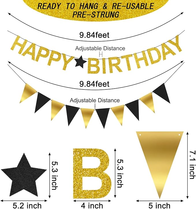 Happy Birthday Banner - Gold Birthday Banner with Garland, Balloons and Hanging Swirls for Party Decorations