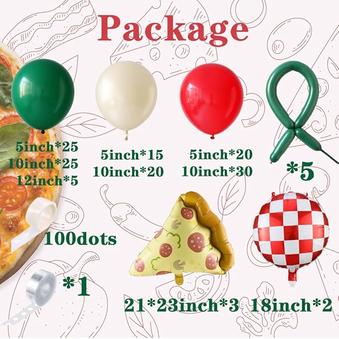 PageebO Pizza Party Decorations，150PCS Red Green Ivory White Balloons with Pizza Checkered Balloons for Pizza Party Favors BBQ Picnic Birthday Party Decorations Slice Slice Baby Shower Home Decor
