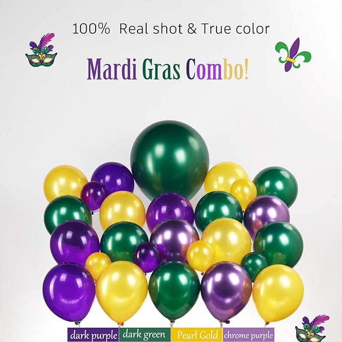 Mardi Gras Purple Green Gold Balloon Garland Arch Kit 101 Pcs with large mylar Star Mardi Mask foil Balloons for 2026 Birthday Masquerade fat Tuesday Theme party Decorations (Purple Green Gold)
