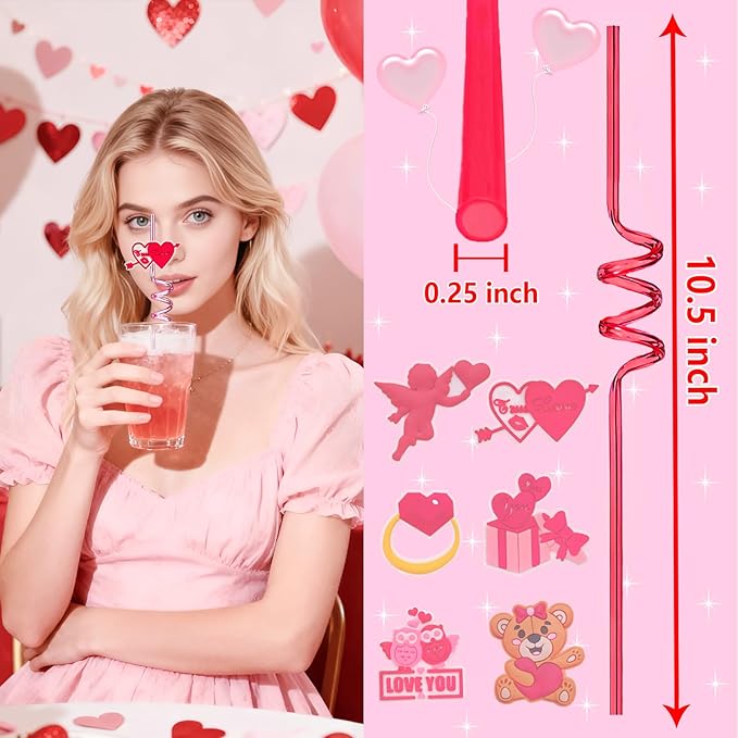 Valentine’s-Day-Engagement-Wedding-Bachelorette-Party-Decoration-Supplies-Crazy-Straws-24PCS Reusable Party Drinking Straws for Valentine V-DAY Party Favors Bridal Shower Decor Bride to Be Gift