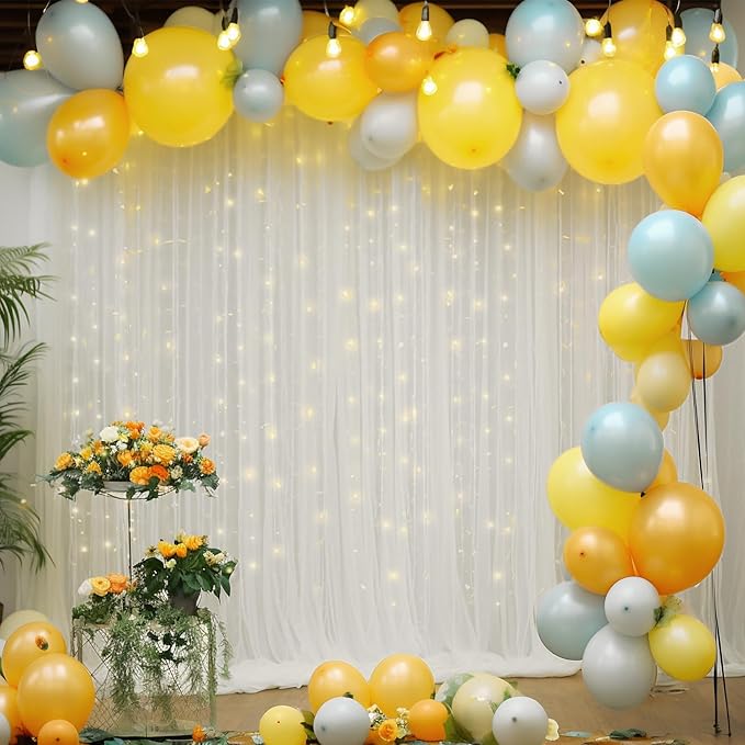 20×10ft White Tulle Backdrop Curtain with Lights String for Parties, Sheer Photo Backdrop Curtains for Wedding Ceremony Birthday Party Bridal Shower Decoration