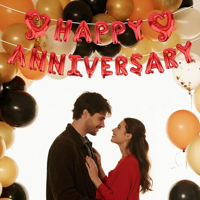 Happy Anniversary Balloon Banner, Red Foil Letter Balloons Sign with Heart Romantic Hanging Decoration for Women Men Couples Lovers Partners Wedding Ceremony Anniversary Party Supplies Gift