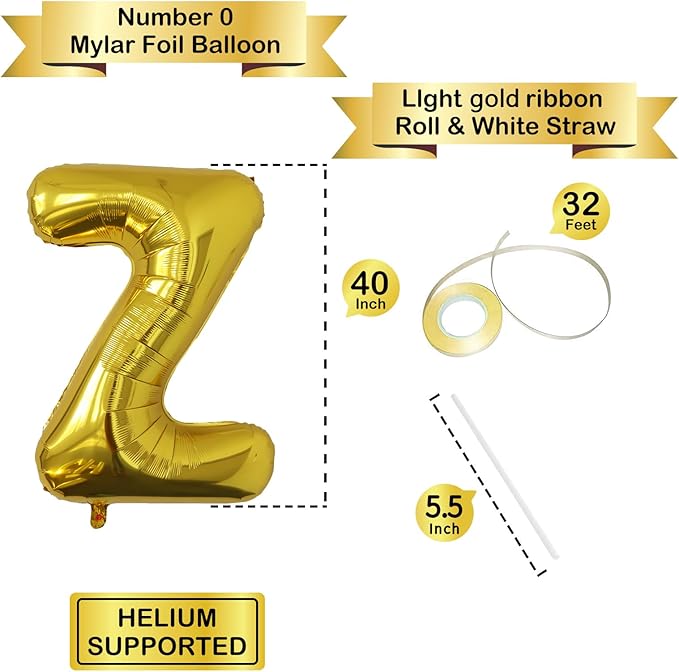 Letter Balloons Gold Party Balloon - 40 Inch Large Gold Letter Z Balloon, Letter Balloon Birthday Decorations, Balloon for Women Men Anniversary Party Decorations Supplies