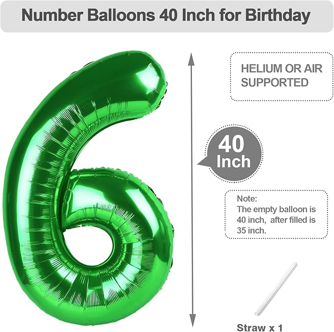 6 Birthday Decoration, 40 Inch Foil Big Balloon for Men And Women, Dark Green Balloons for 6, 16, 26, 60, 2026 Graduation, Birthday, Wedding Anniversary, Xmas, Party Supplies