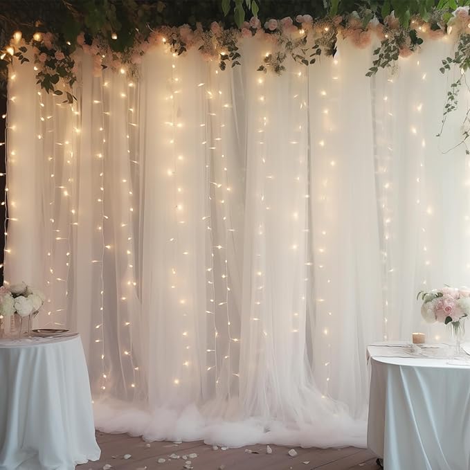 20×10ft White Tulle Backdrop Curtain with Lights String for Parties, Sheer Photo Backdrop Curtains for Wedding Ceremony Birthday Party Bridal Shower Decoration