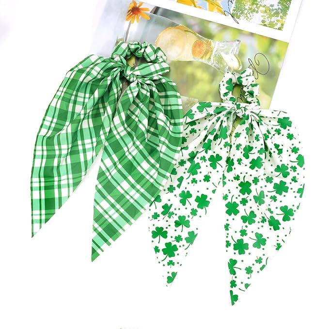 St.Patrick's Day Hair Ties for Woman Girls Green Plaid Shamrock Ribbon Hair Scrunchies Elastic Irish Lucky Leaf Hair Tie St.Patricks Party Supplies Hair Accessories 2PCS