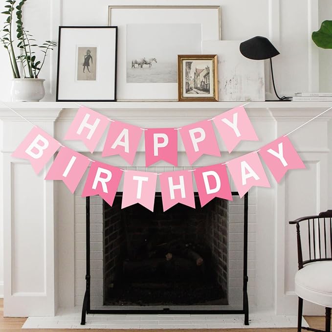 Pink Happy Birthday Banner Birthday Party Banner NO DIY Happy Birthday Sign Pre-Strung Birthday Hanging Decoration for Women Men Girl Boy Party Supplies (Pink)