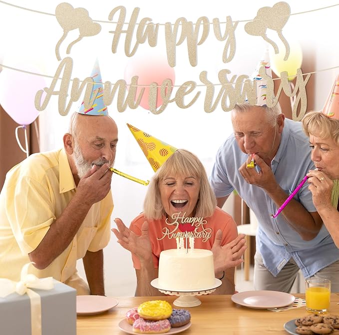 Happy Anniversary Banner & Cake Topper, Champagne Gold Anniversary Banner Decoration Set Pre-Strung Romantic Sign Garland for Wall Porch Wedding Party Decoration