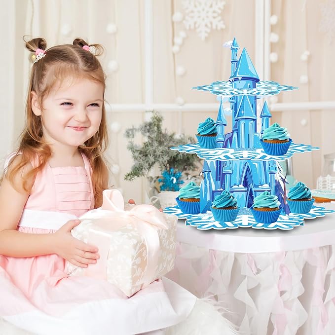 BenLouis 3 Tier Frozen Cupcake Stand - Frozen Birthday Party Supplies Winter Wonderland Baby Shower Cake Table Decoration Snowflake Cupcake Holder for Girl Kids Winter Blue Princess Party Favor