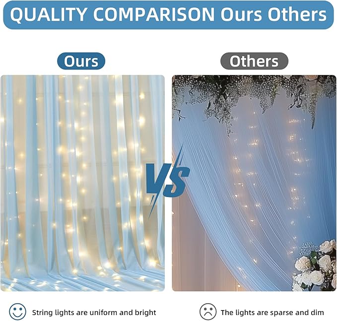 10x10FT Blue Wrinkle Free Backdrop Curtains with Lights String for Parties - Photo Curtain Backdrop with Lights for Wedding Decorations, Bridal Baby Shower Birthday Party Photography Background