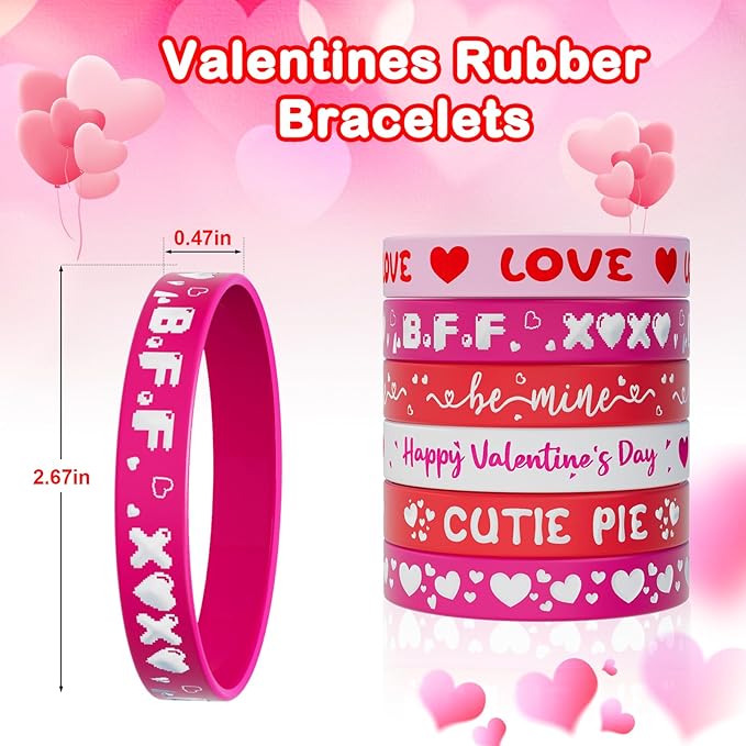 Valentine's Day Rubber Bracelets Bulk - 30PCS Valentines Day Gifts for Kids Valentines Party Favors Supplies Silicone Wristbands Goodie Bag Stuffers Treats Classroom Prizes Accessories Decorations