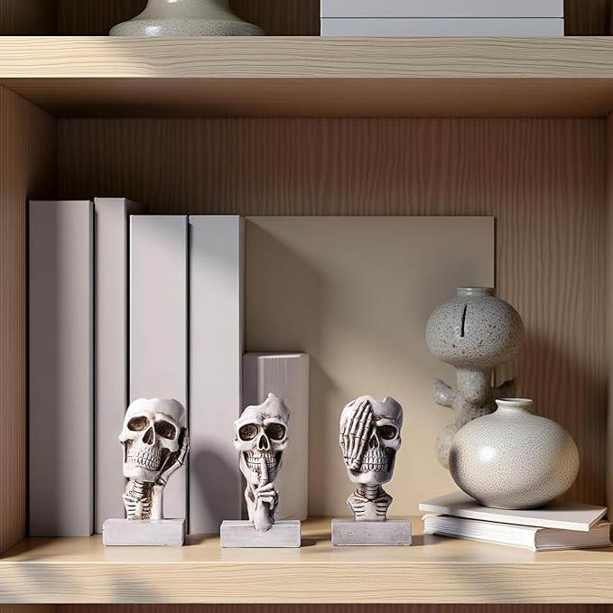 See Hear Speak No Evil Skeleton Figurines Set,Gothic Evil Skull Trio Statue,Vintage Skeletons for Halloween Decorations Indoor,Living Room Fireplace Floating Shelf Coffee Table Centerpiece Decor