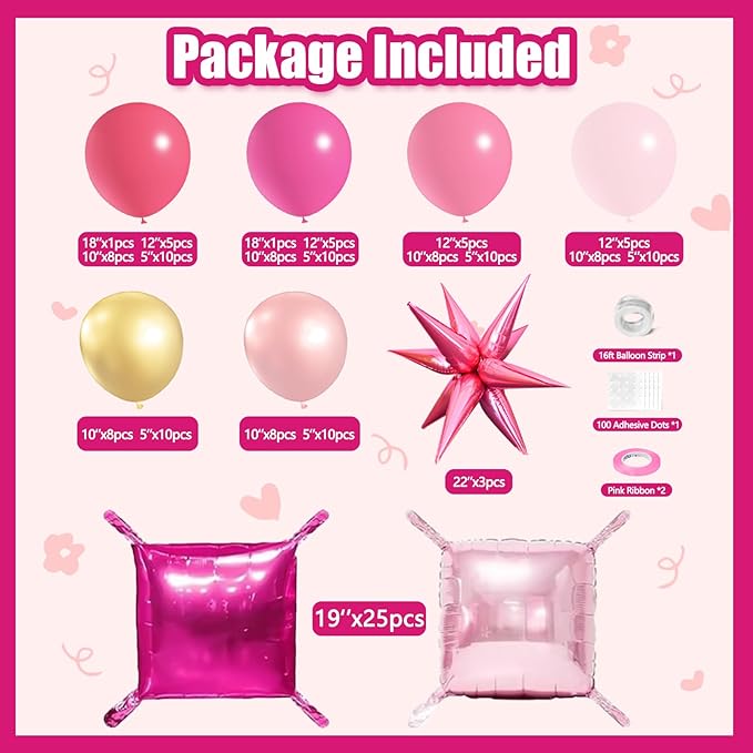 Metallic Magenta Hot Pink Flat Square Foil Balloons Backdrop Wall, Double Sided Tunnel with Latex Pink Balloon Arch Garland Kit for Valentine's Day Anniversary Bridal Wedding Birthday Party Decoration