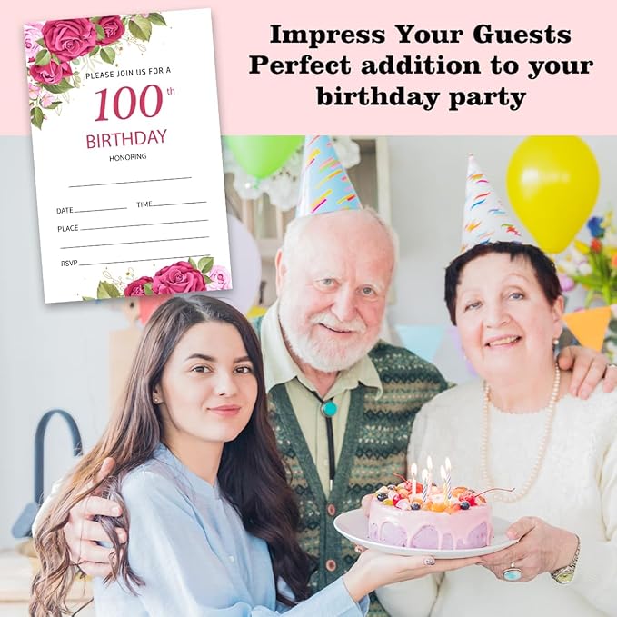 100th Rose Floral Birthday Invitation Cards for Women Men, 100 Years Old Birthday Invites for Adult, Party Supplies Favors, 20 Cards With 20 Envelopes -13