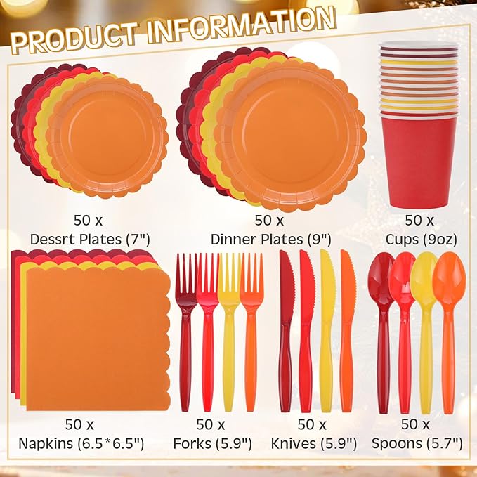 350 Pcs Fall Thanksgiving Plates and Napkins, 50 Guest Autumn Party Supplies Include Scalloped Paper Plates Napkins Cups Plastic Spoons Forks Knives Disposable Tableware Set for Harvest Party