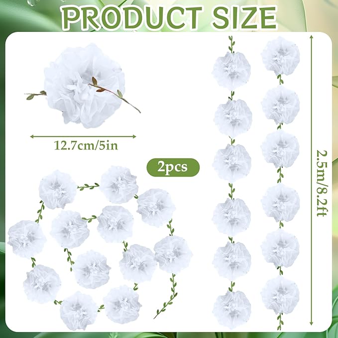 White Flower Garland for Backdrop - 2 Pcs Artificial Paper Floral Garlands for Wedding Home Decor, 8.2 Ft Hanging Fake Flower Vines for Room Wall Table Garden Decoration Aesthetic