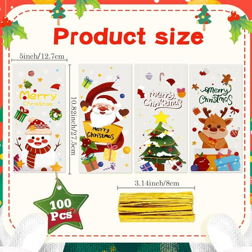 100 PCS Christmas Cellophane Treat Bags(5x11 Inch) with Tie, Plastic Christmas Bags for Candy Goodie Goody Cookie Gift Wrap Xmas Santa Pouches Frozen Winter Holiday Party Favors Supplies Decorations